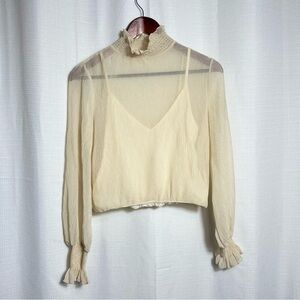 ASTR Label Cream Sheer Mock Neck Cropped Blouse Romantic Cottagecore Top XS